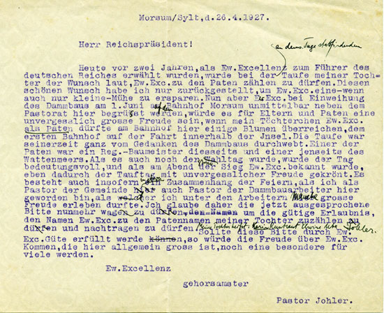 Kladde des Briebs von Hans Johler an den Reichspräsidenten von Hindenburg