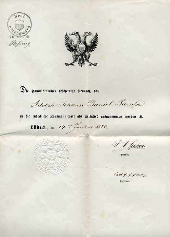 Handelskammer Lübeck nimmt Adolf Lampe auf 1876