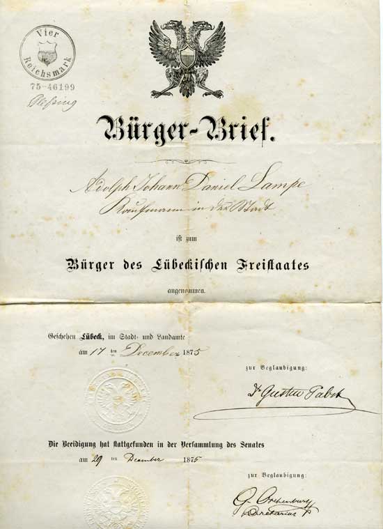 Adorph Lampes Bürgerbrief von Lübeck 1875