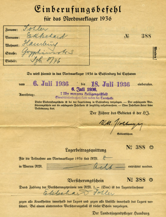 Nordmarklager Sahlenburg Einberufung von Ekkehard Johler