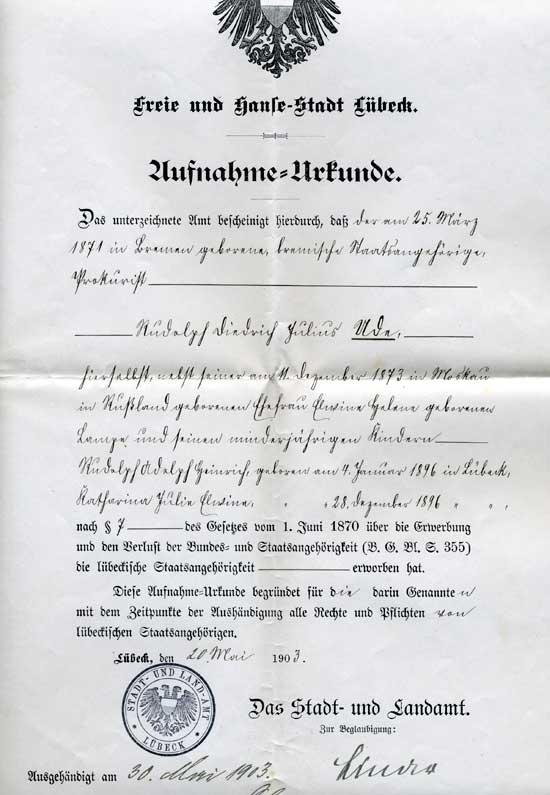 Aufnahme-Urkunde Rudolph Ude Lübeck